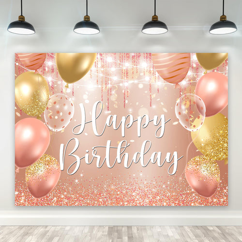 Riyidecor Happy Birthday Backdrop Champagne Pink Gold Balloons 7x5ft Polyester by Deal US