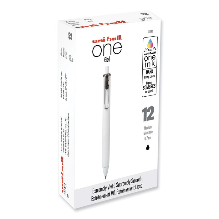 uniball uniONE Gel Pen, Retractable, Medium 0.7 mm, Black Ink, White Barrel, Dozen