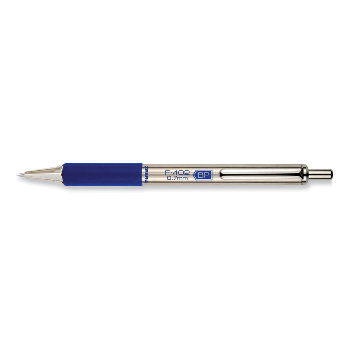 Zebra F-402 Ballpoint Pen, Retractable, Fine 0.7 mm, Blue Ink, Stainless Steel/Blue Barrel