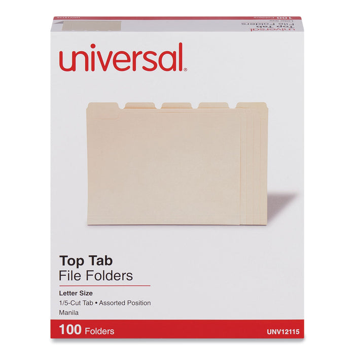 Universal Top Tab File Folders, 1/5-Cut Tabs: Assorted, Letter Size, 0.75" Expansion, Manila, 100/Box