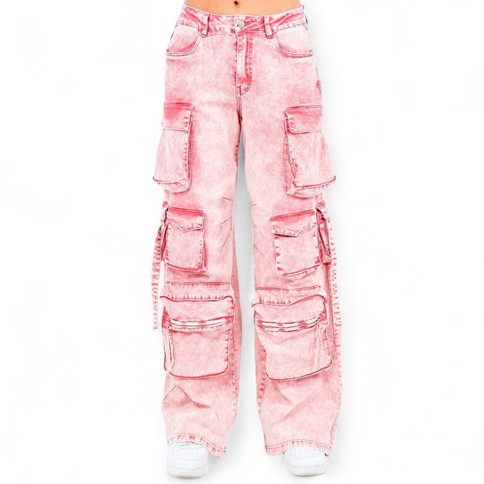 Multiple Pocket Acid Wash Denim Pants- RJH30665 by The House of Stylez