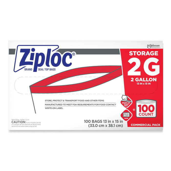 Ziploc Double Zipper Storage Bags, 2 gal, 1.75 mil, 15" x 13", Clear, 100/Carton