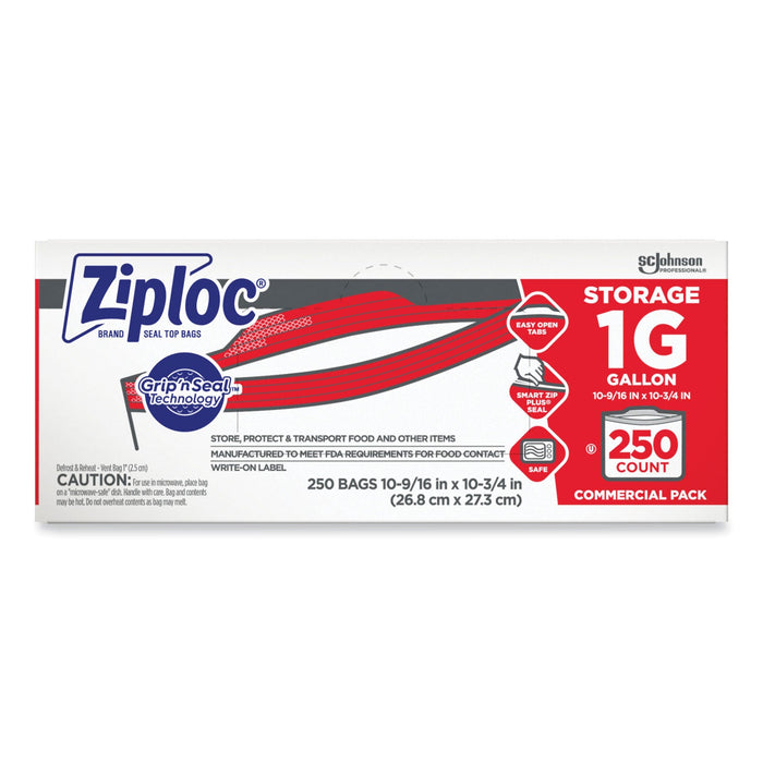Ziploc Double Zipper Storage Bags, 1 gal, 1.75 mil, 10.56" x 10.75", Clear, 250/Box