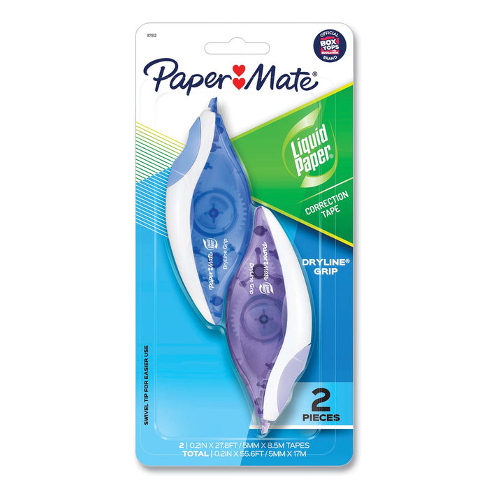 Paper Mate DryLine Grip Correction Tape, Blue/Purple Applicators, 0.2" x 335", 2/Pack