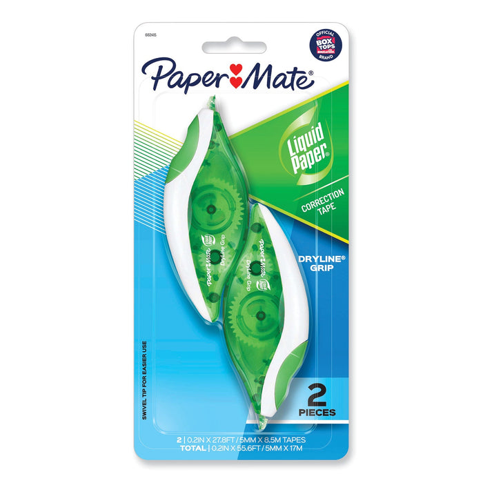 Paper Mate DryLine Grip Correction Tape, Non-Refillable, Gray/Green Applicator, 0.2" x 335", 2/Pack