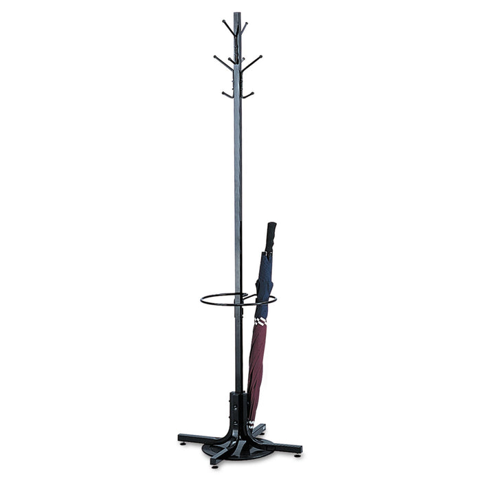 Safco Metal Costumer with Umbrella Holder, Four Ball-Tipped Double-Hooks, 21w x 21d x 70h, Black