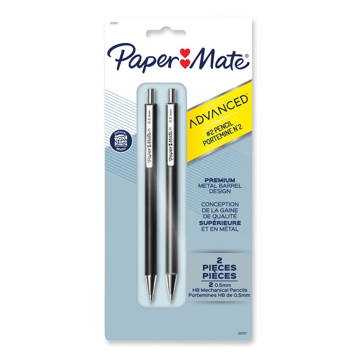 Paper Mate Advanced Mechanical Pencils, 0.5 mm, HB (#2), Black Lead, Black; Gray Barrel, 2/Pack