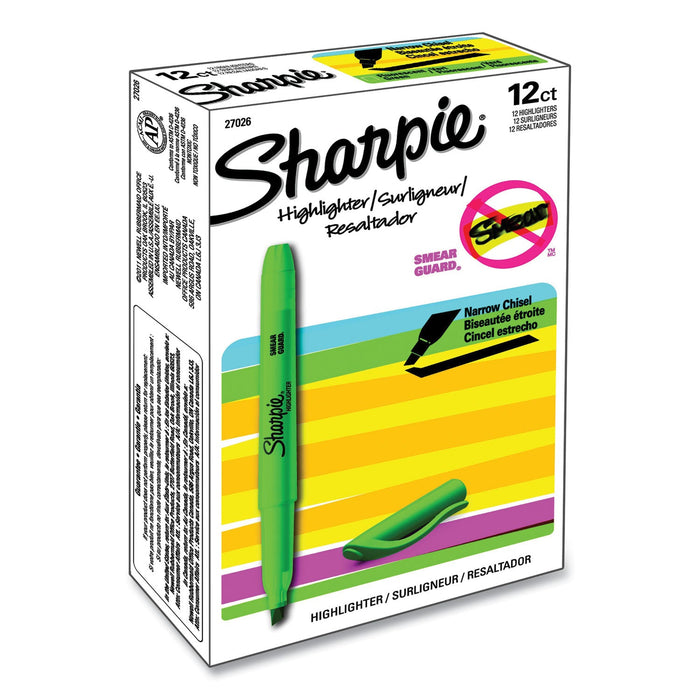Sharpie Pocket Style Highlighters, Fluorescent Green Ink, Chisel Tip, Green Barrel, Dozen