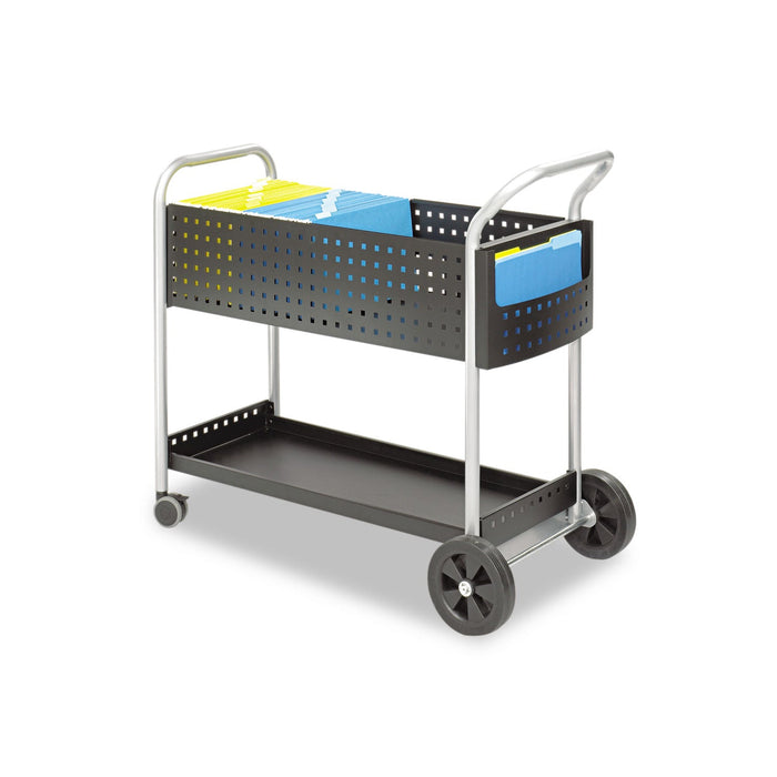 Safco Scoot Dual-Purpose Mail and Filing Cart, Metal, 1 Shelf, 2 Bins, 22.5" x 39.5" x 40.75", Black/Silver