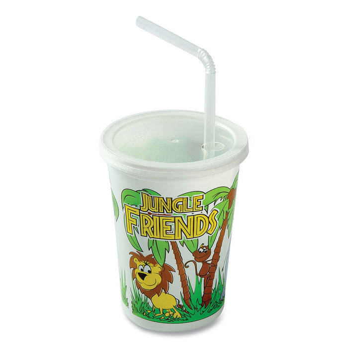 AmerCareRoyal Kid's Cups with Straws and Lids, 12 oz, Multicolor, Jungle Friends Theme, 250/Carton