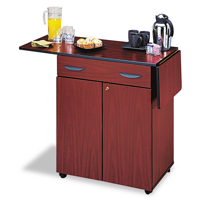 Safco Hospitality Cart with Drop Leaves, Engineered Wood, 3 Shelves, 1 Drawer, 32.5" to 56.25" x 20.5" x 38.75", Mahogany