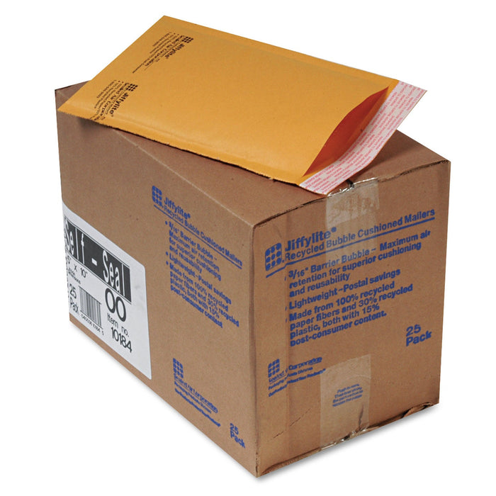 Sealed Air Jiffylite Self-Seal Bubble Mailer, #00, Barrier Bubble Air Cell Cushion, Self-Adhesive Closure, 5 x 10, Brown Kraft, 25/CT