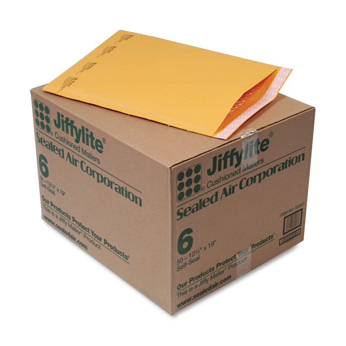 Sealed Air Jiffylite Self-Seal Bubble Mailer, #6, Barrier Bubble Air Cell Cushion, Self-Adhesive Closure, 12.5 x 19, Brown Kraft, 50/CT