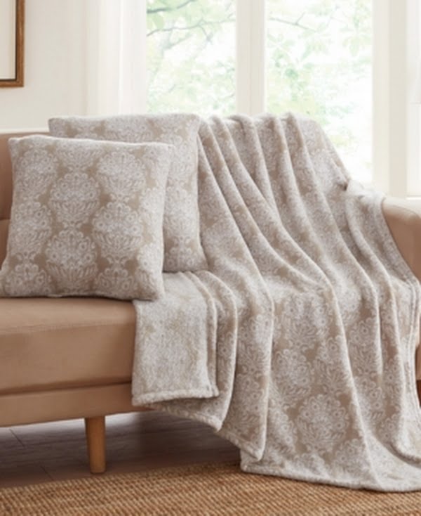 Infinity Home 3 PC Yasmina Rainy Day Decorative Pillows and Throw Set, Beige by Vanessa Jane