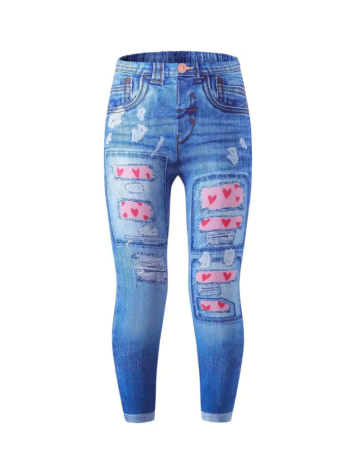 Girls All-Season Skinny Leggings - Chic Denim-Imitation Heart Pattern by Vanessa Jane