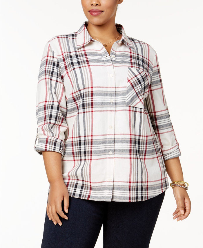 Style & Co. Womens Plaid Collar Utility Button-Down Top Shirt by Vanessa Jane