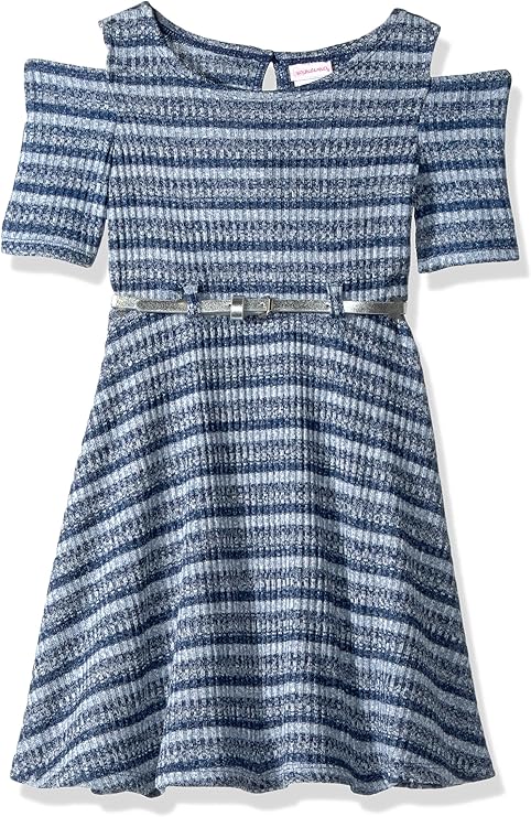 Youngland Girls Cold Shoulder Rib Knit Belted Skater Dress, Blue, Size 6X by Vanessa Jane