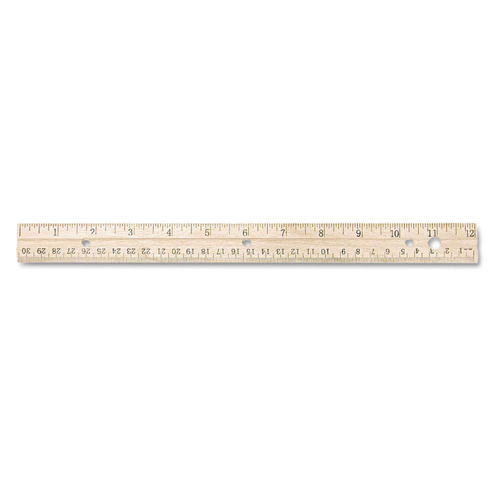 Westcott Three-Hole Punched Wood Ruler English and Metric With Metal Edge, 12" Long