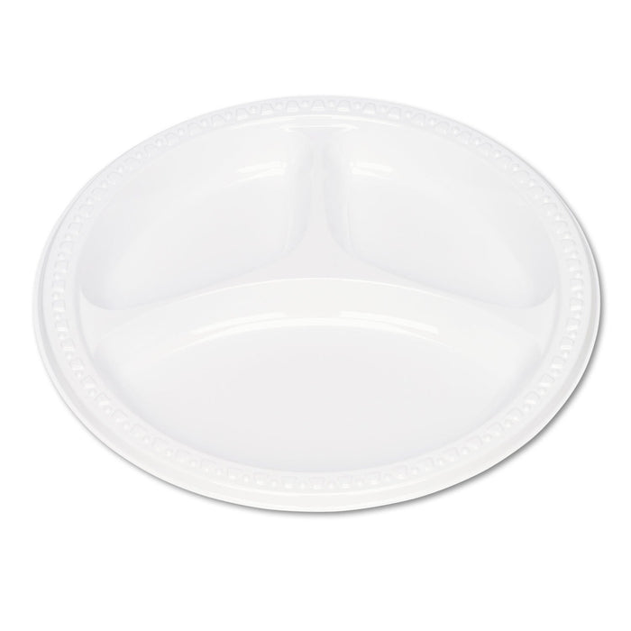 Tablemate Plastic Dinnerware, Compartment Plates, 9" dia, White, 125/Pack