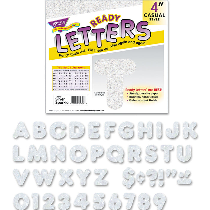 TREND Ready Letters Sparkles Letter Set, Silver Sparkle, 4"h, 71/Set