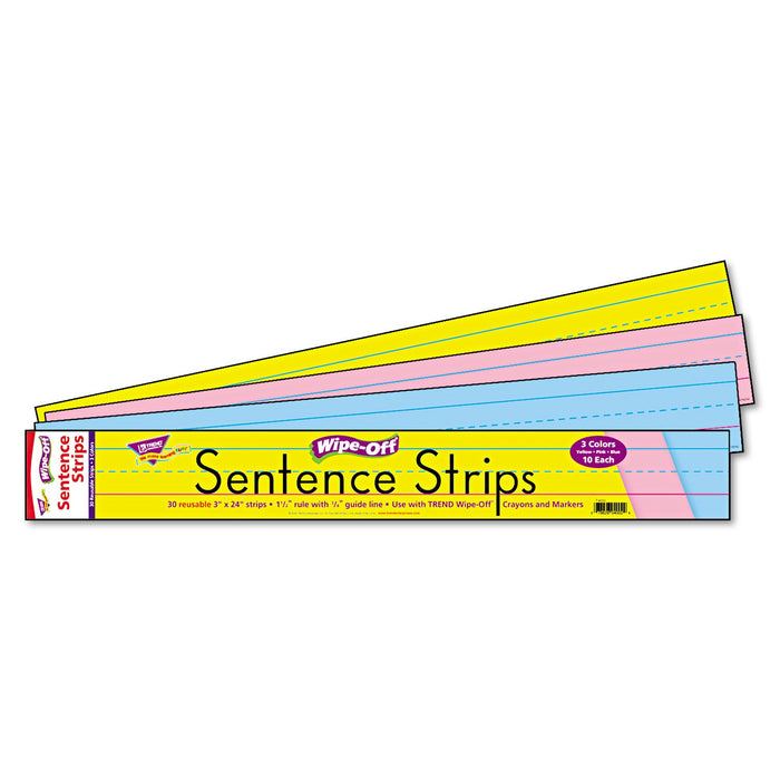 TREND Wipe-Off Sentence Strips, 24 x 3, Blue; Pink; Yellow, 30/Pack