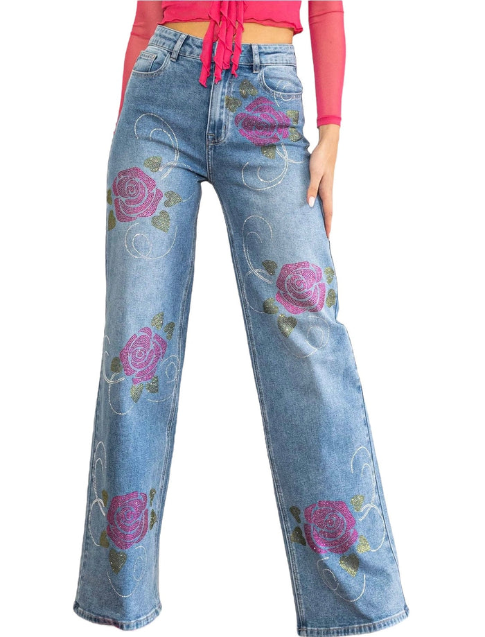 Rose Rhinestone Wide Jeans by The House of Stylez