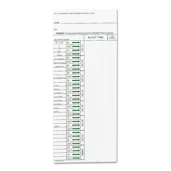 Acroprint Time Clock Cards for Acroprint ATT310, One Side, 4 x 10, 200/Pack