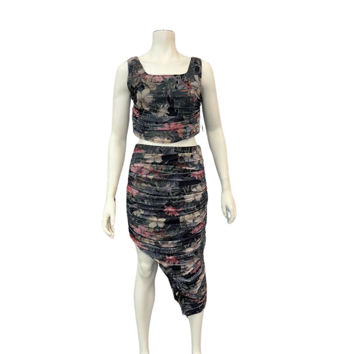 Lulus Always Blooming Black Floral Print Ruched Two-Piece Midi Dress, Large by Vanessa Jane