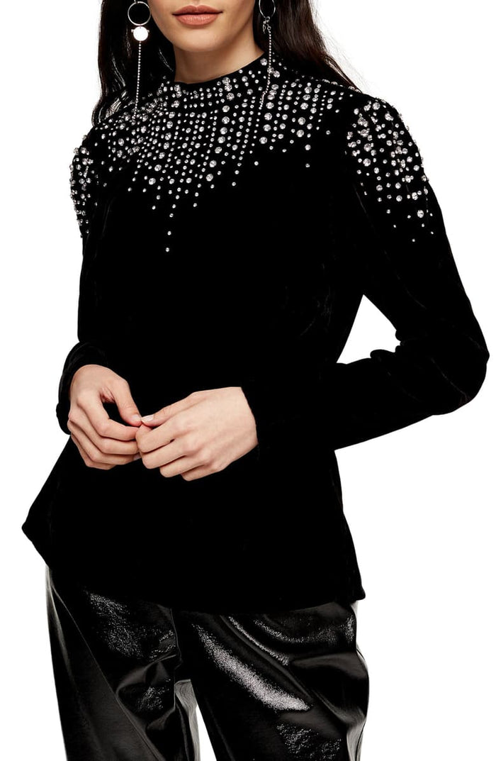 Topshop Womens Velvet Embellished Top, Black, Size 6 US by Vanessa Jane