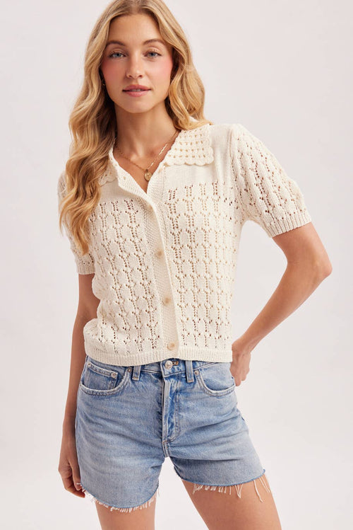 POINTELLE BUTTON DOWN SHIRT KNIT CARDIGAN: IVORY by Boutique 23