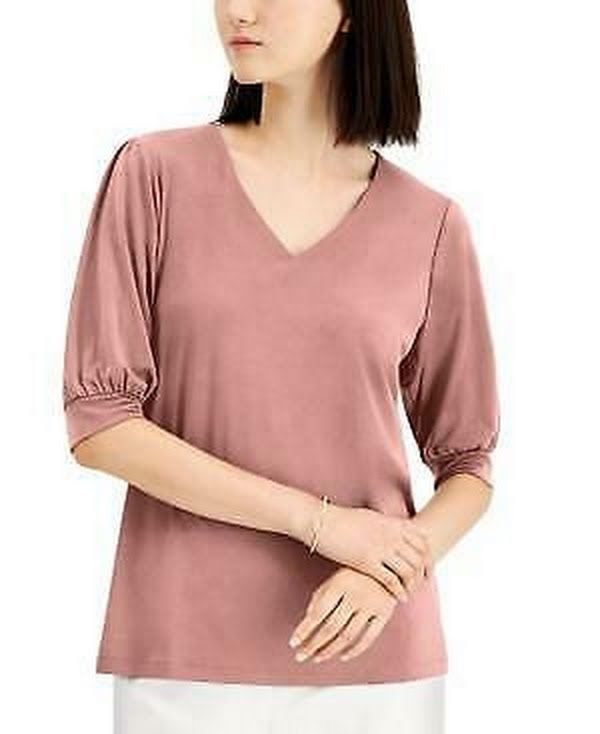 Jm Collection Puff-Sleeve V-Neck Top-Pink Sunstone/Size Small by Vanessa Jane