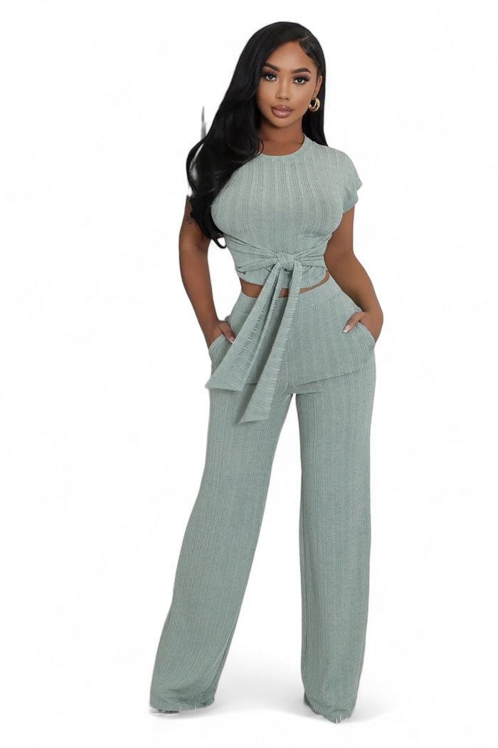 Cropped Belted Top Wide Leg Bottom 2 Piece Set {Tall Girl Friendly} by The House of Stylez