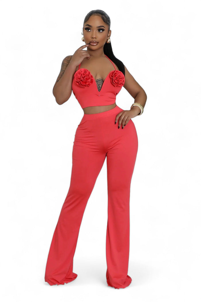 Red Two Piece Rose Top Pants Set by The House of Stylez