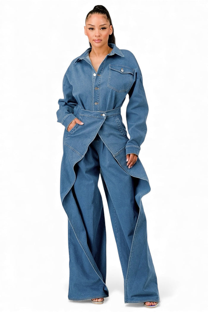Denim Draped Wide-Leg Jumpsuit by The House of Stylez