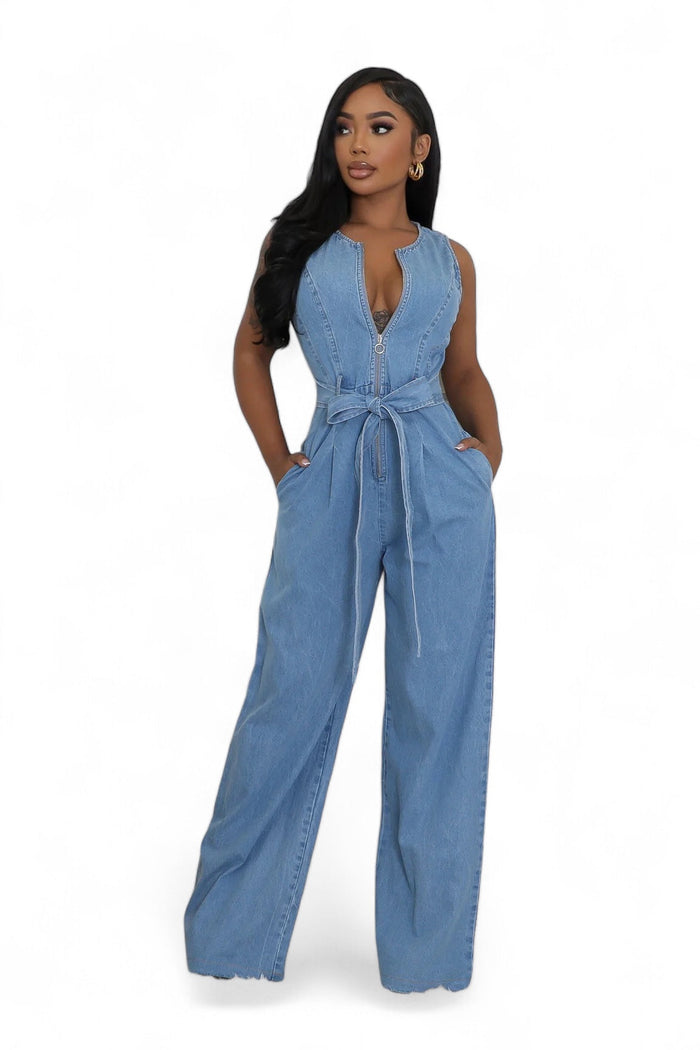 Denim Front Zipper Wide Leg Jumpsuit by The House of Stylez