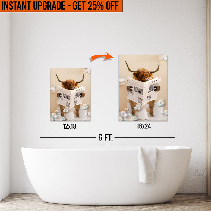 Upgrade Your 12x18 Inches 'Highland Cow Reading Newspaper' Canvas Measuring 16x24 Inches by Tailored Canvases