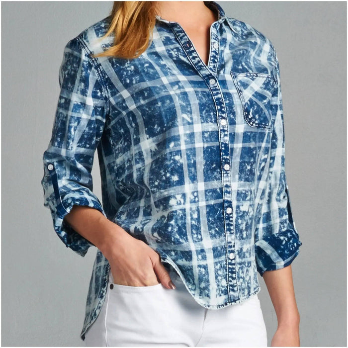 Acid Wash Plaid Denim Shirt by The House of Stylez