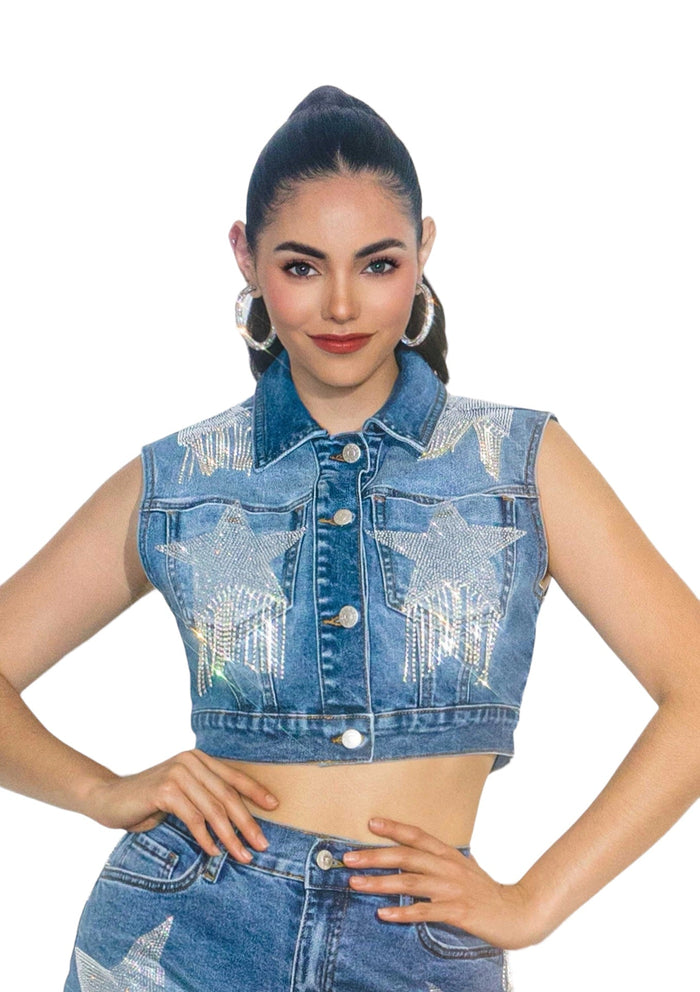 Star Rhinestone Sleeveless Trucker Jacket by The House of Stylez