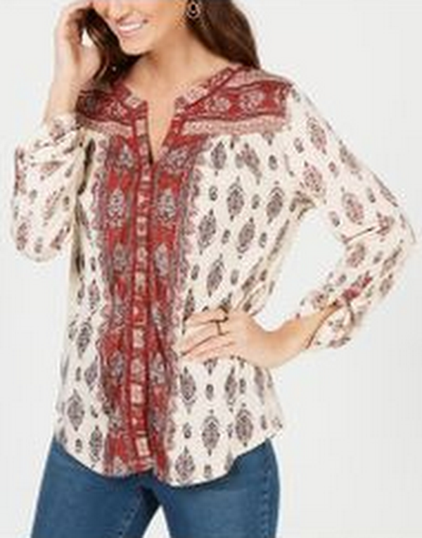 Style & Co Printed Button-Neck Top, White, Size Medium by Vanessa Jane