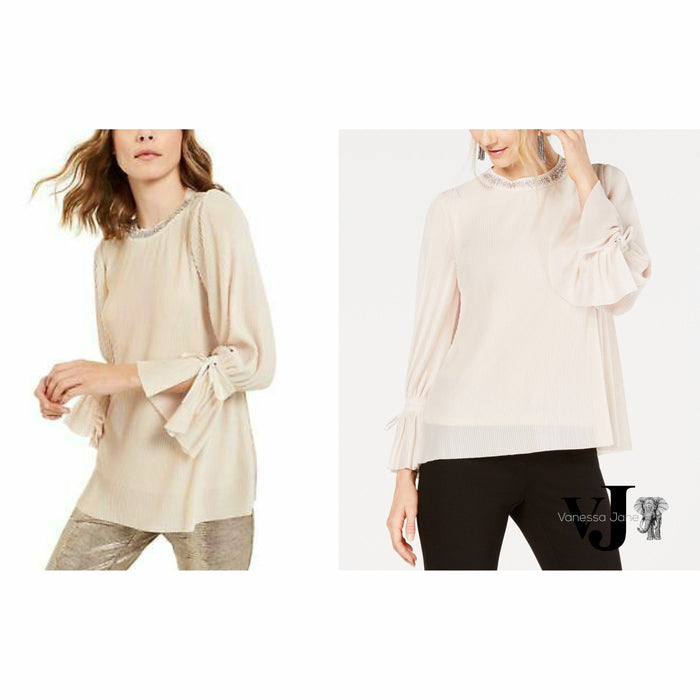 Alfani Women's Textured-Stripes Embellished-Neck Top by Vanessa Jane