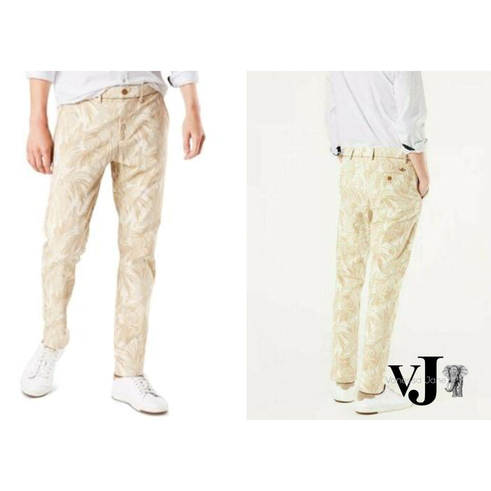 Dockers Alpha Khaki Beige Leaf Print Slim Fit 360 Flex Chino Pants by Vanessa Jane