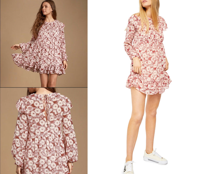 Free People These Dreams Floral Print Ruffles Mini Dress by Vanessa Jane