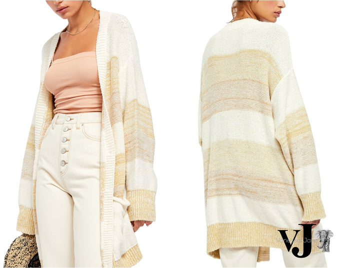 Free People Womens Beige Striped Open Cardigan Sweater, Medium by Vanessa Jane