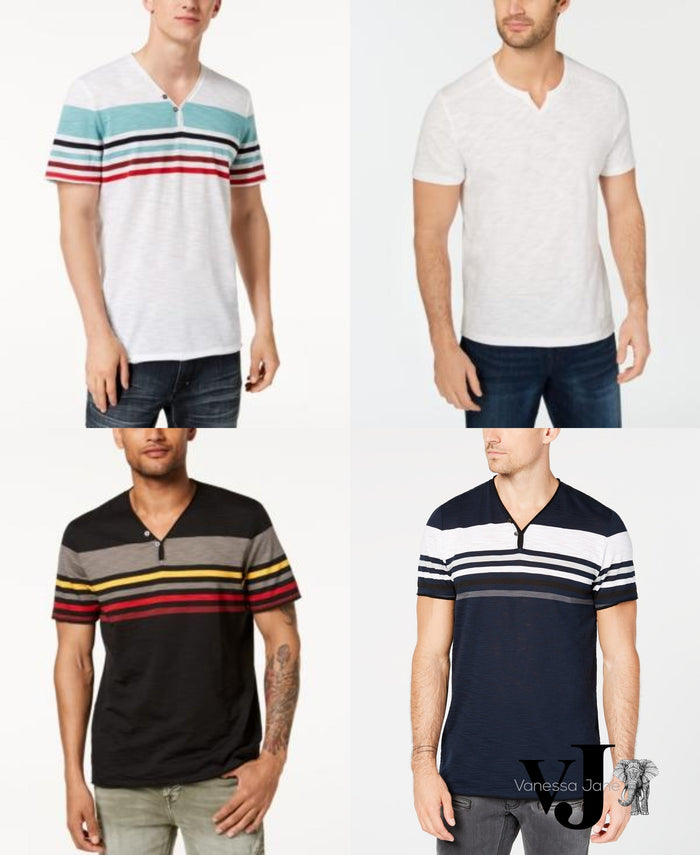 I.n.c. Mens Striped Split-Neck T-Shirt by Vanessa Jane