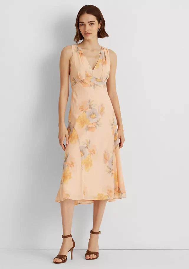 Ralph Lauren Crinkled Georgette V-Neck Empire Waist Midi Dress, Size 16 by Vanessa Jane