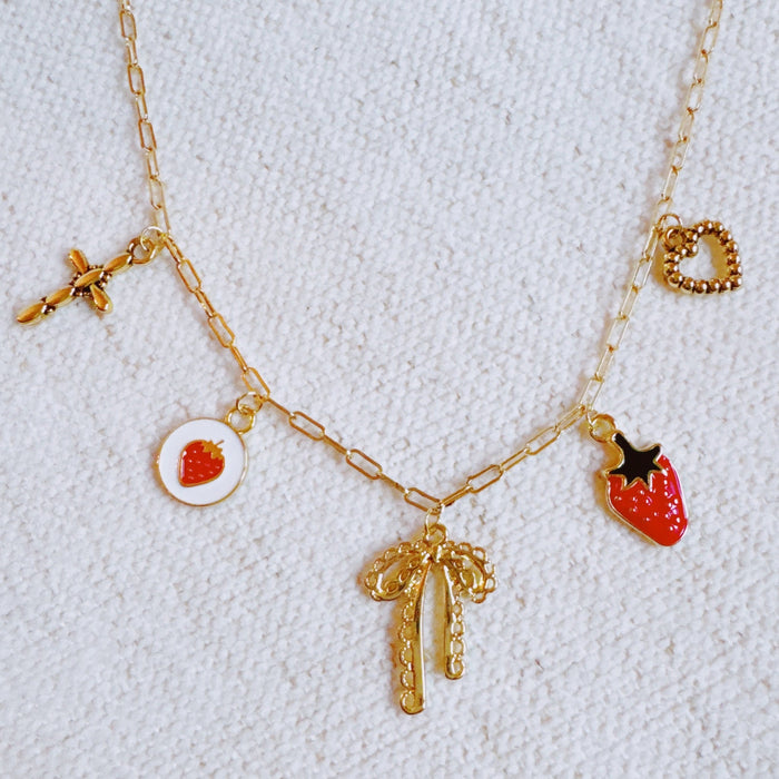 Berry Cute Charm Necklace – Strawberry, Bow & Heart