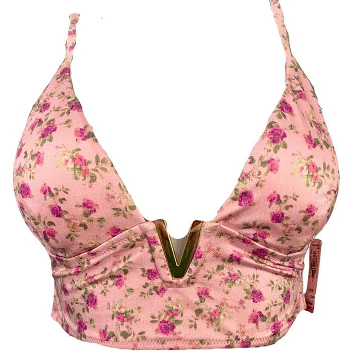 Victorias Secret Floral Gold V Long Line Swim Bikini Top, L by Vanessa Jane
