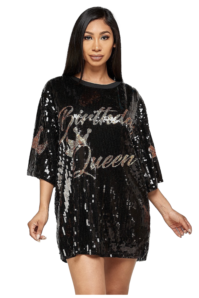 Birthday Crown Queen Sequin T-Shirt Dress - Gold Lettering by The House of Stylez