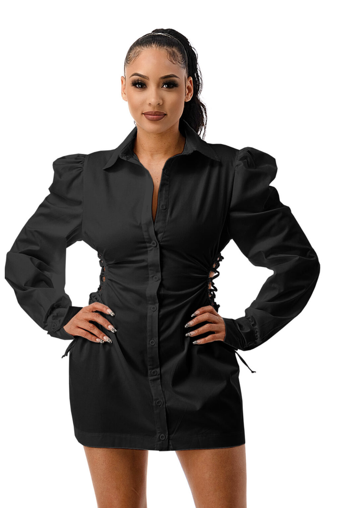 Black Button Up Dress with lace up side strings by The House of Stylez