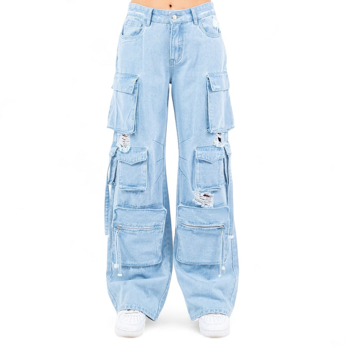 Multiple Pockets Parachute Denim PANTS-RJH30633 by The House of Stylez